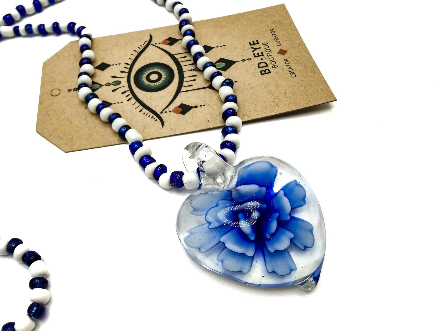 Vintage Blue & White Glass Beaded Necklace with Floral Art Glass Heart Pendant