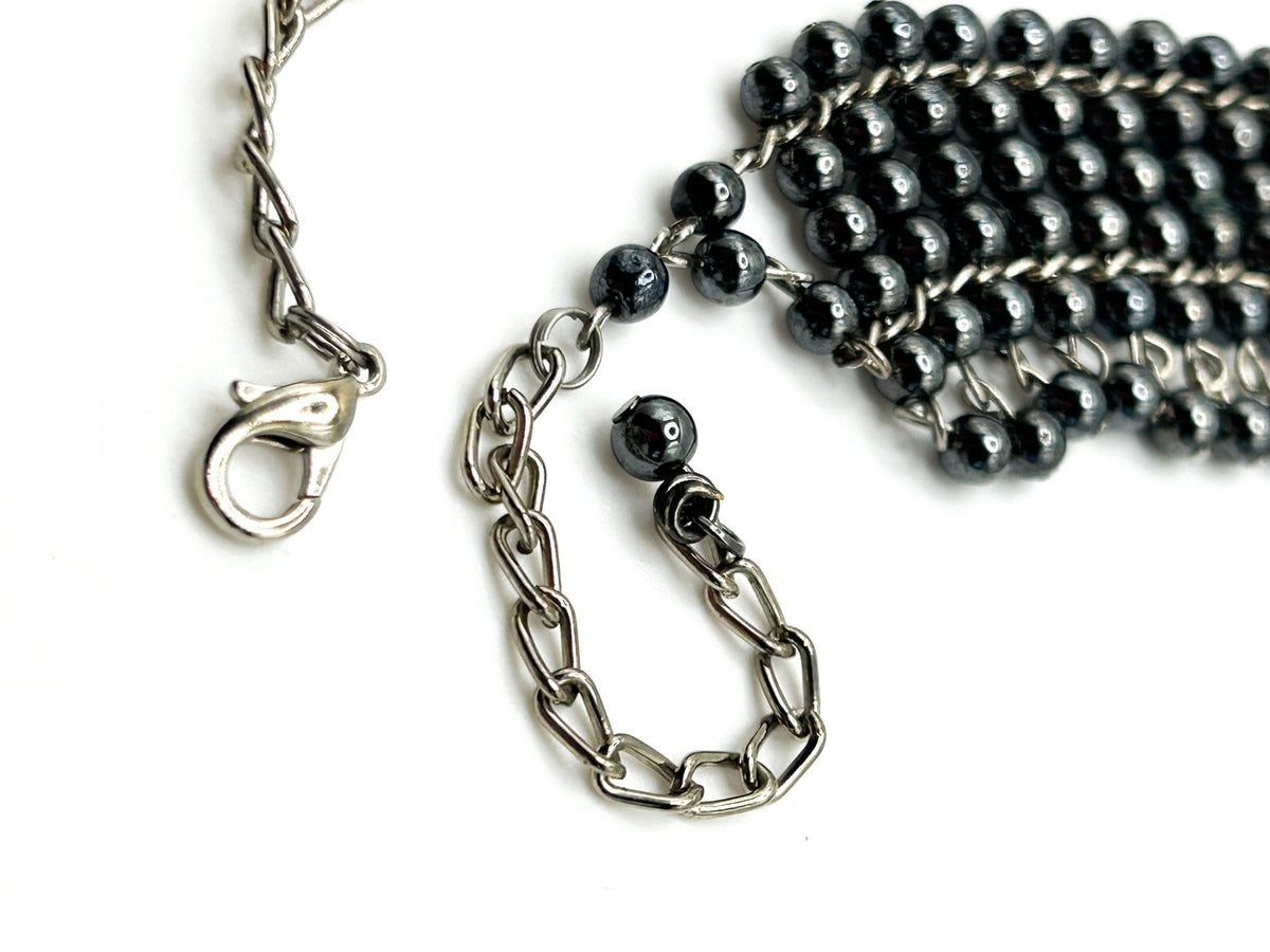 Gunmetal Glass Faux Pearl Tassel Choker Necklace – 34g