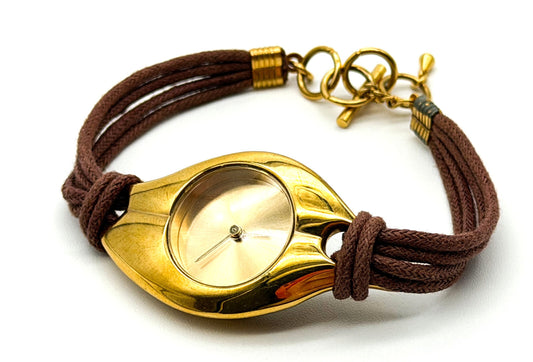Avon Ladies Quartz Watch Gold Tone Brown Cord Strap Untested