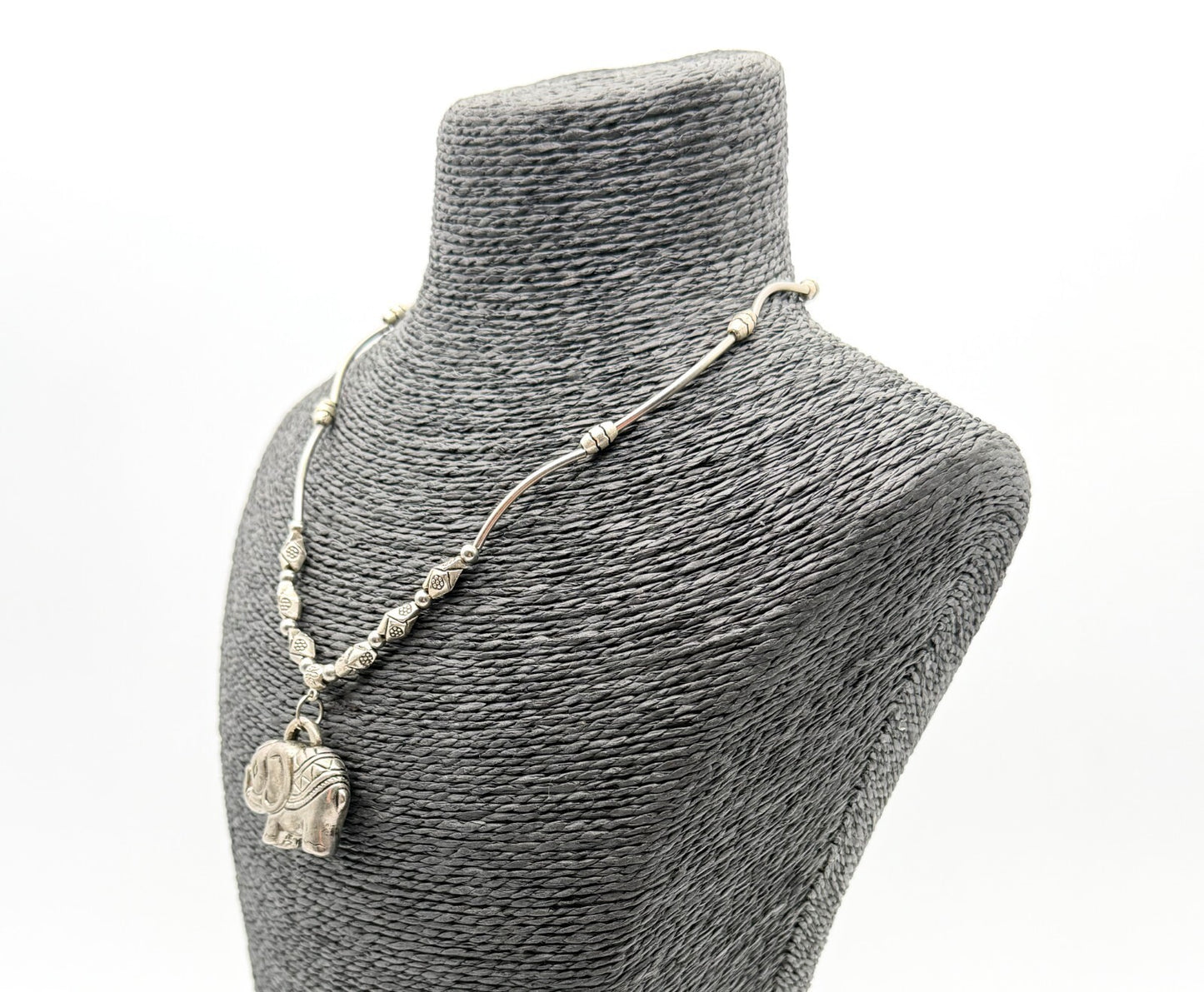 Elephant Pendant Necklace Silver Tone Beaded Tribal Boho Style Animal Charm Cute
