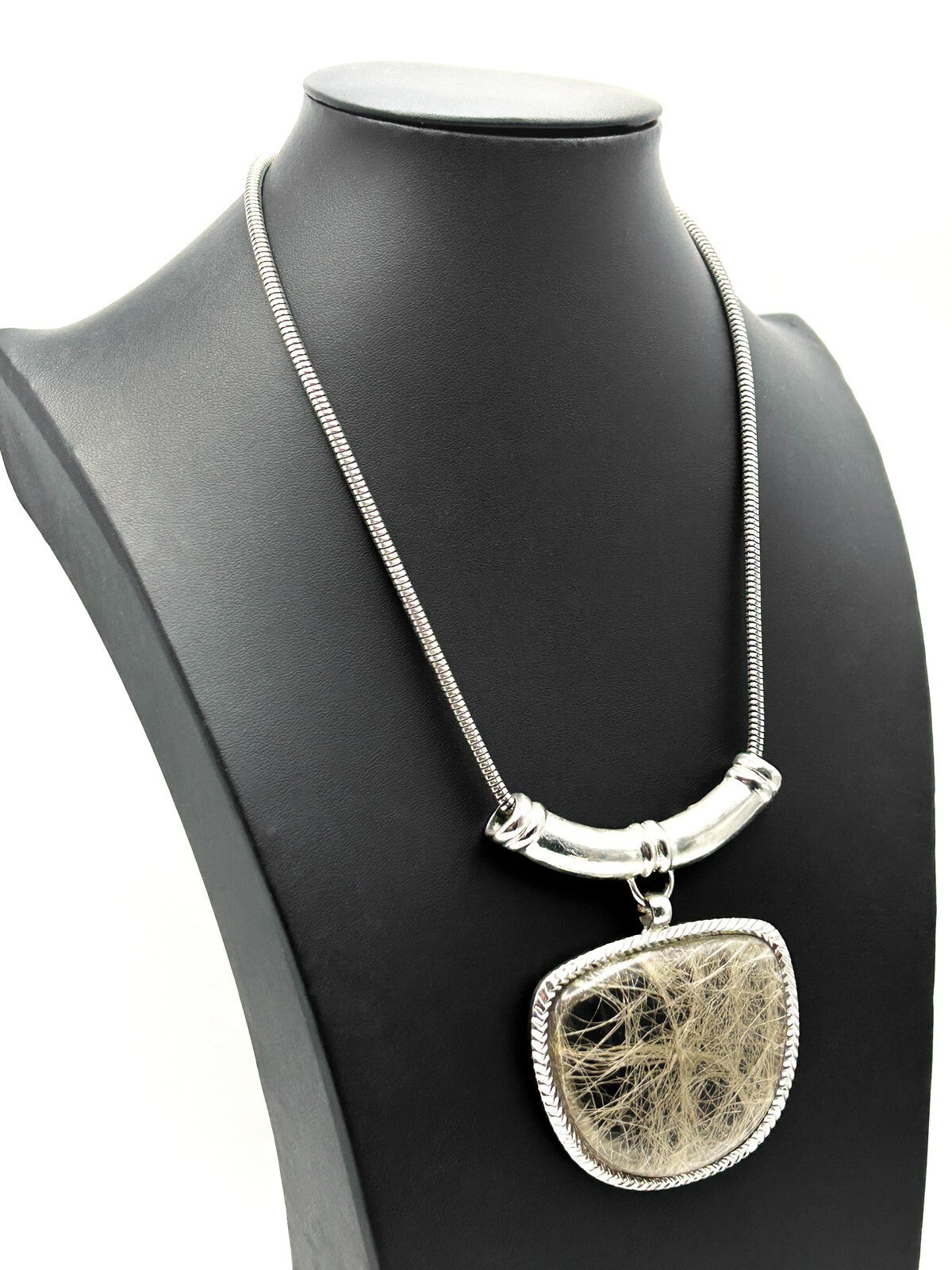Silver Tone Statement Necklace with Faux Rutilated Quartz Pendant – 18.5”