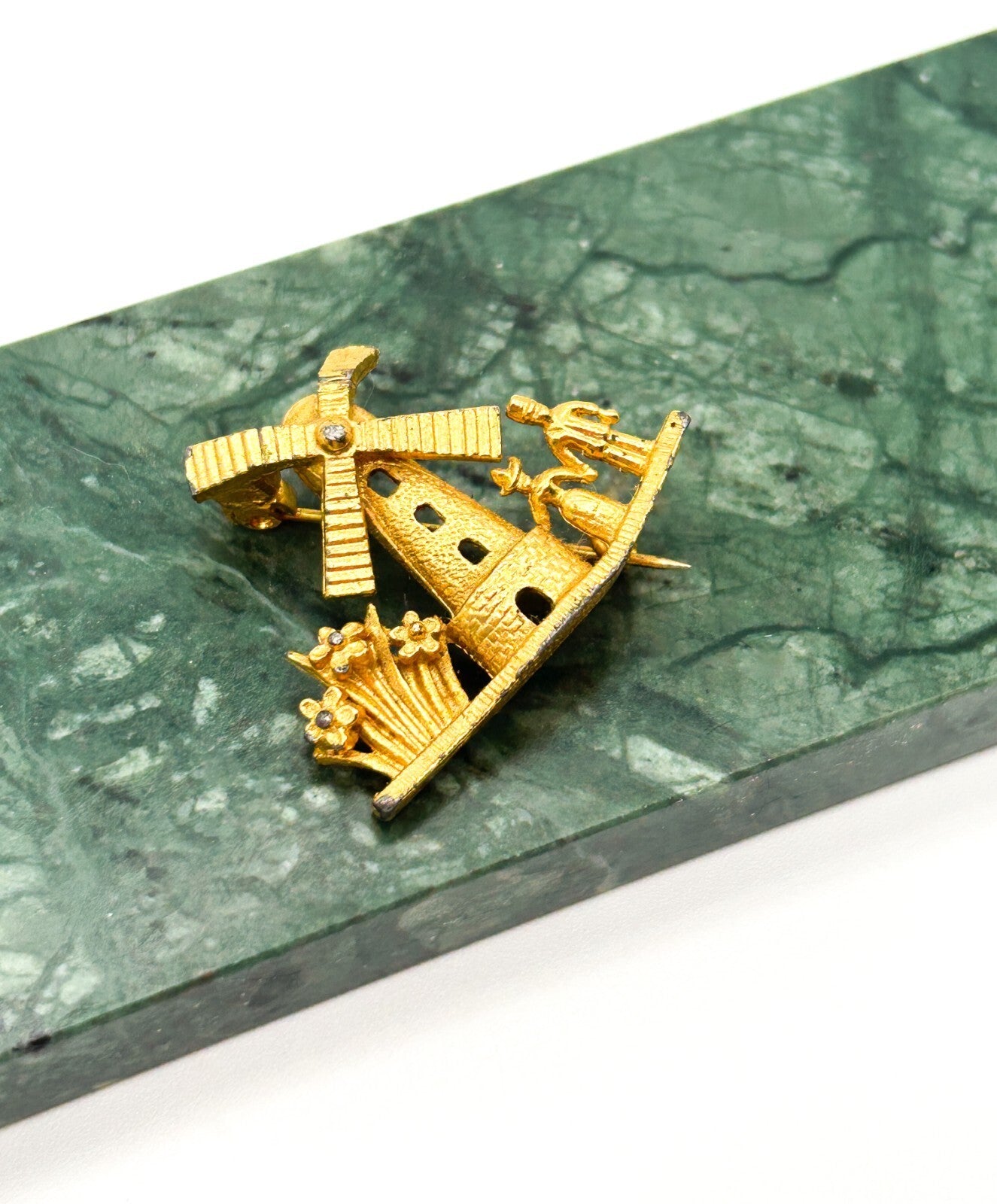 Vintage Gold Tone Dutch Windmill Scene Brooch Flowers Couple