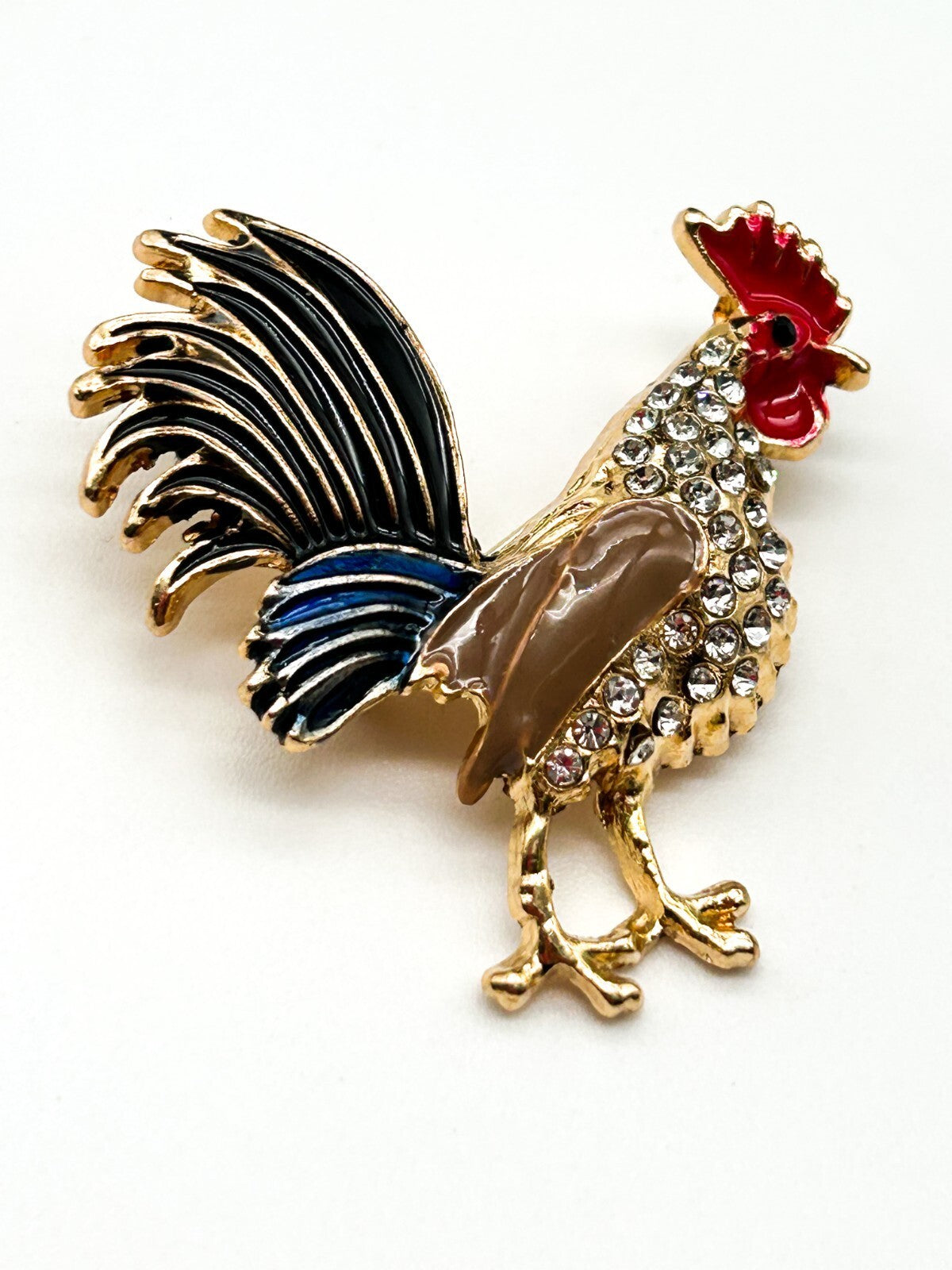 Vintage Rooster Brooch Pair Enamel Rhinestone Cockerel Farmyard Bird Pins