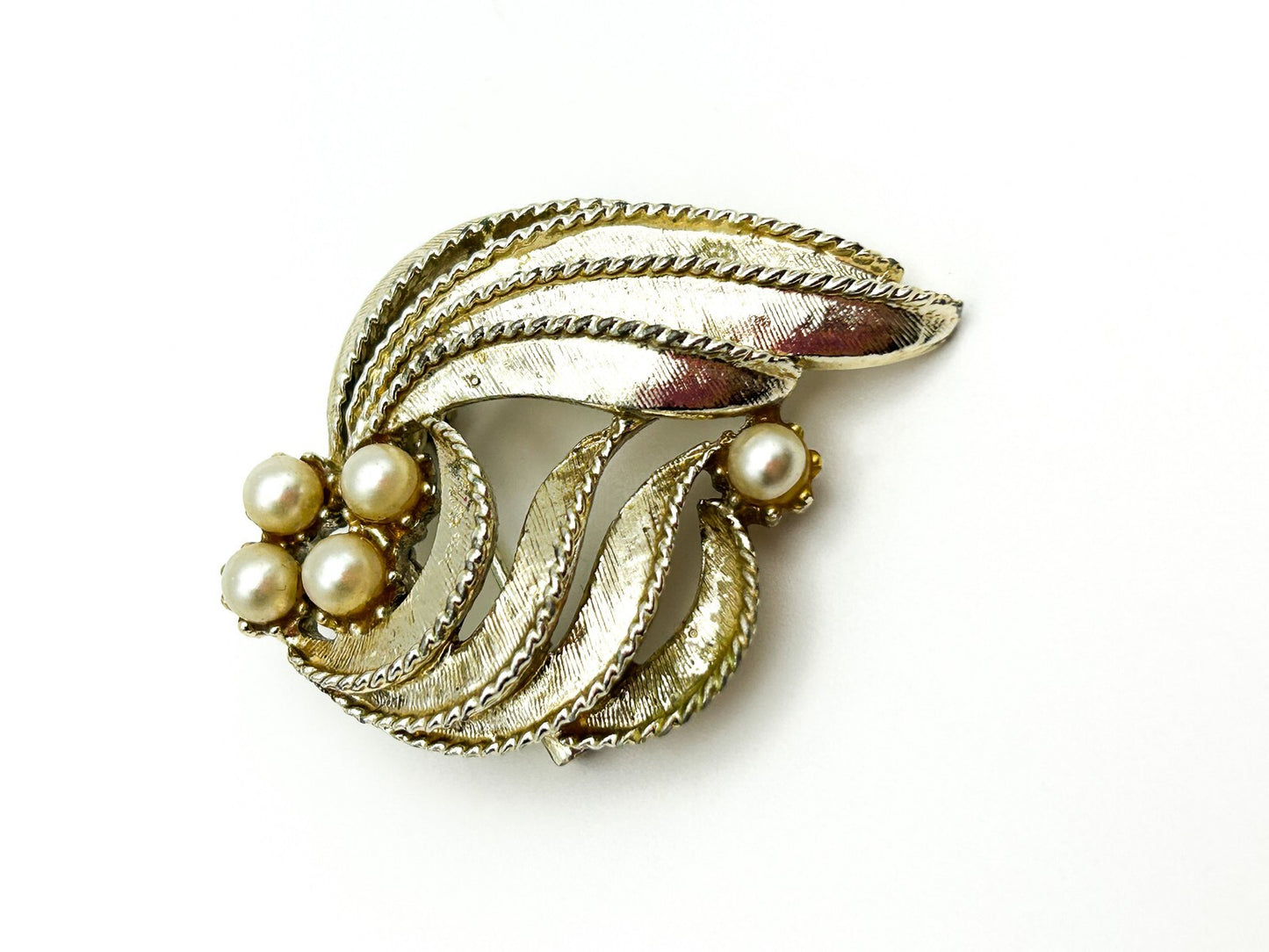 Vintage Gold Tone Faux Pearl Textured Art Nouveau Style Abstract Brooch