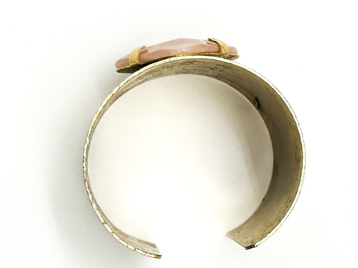 Pink Jade Gold Tone Textured Cuff Bracelet Faceted Stone Boho Statement Retro