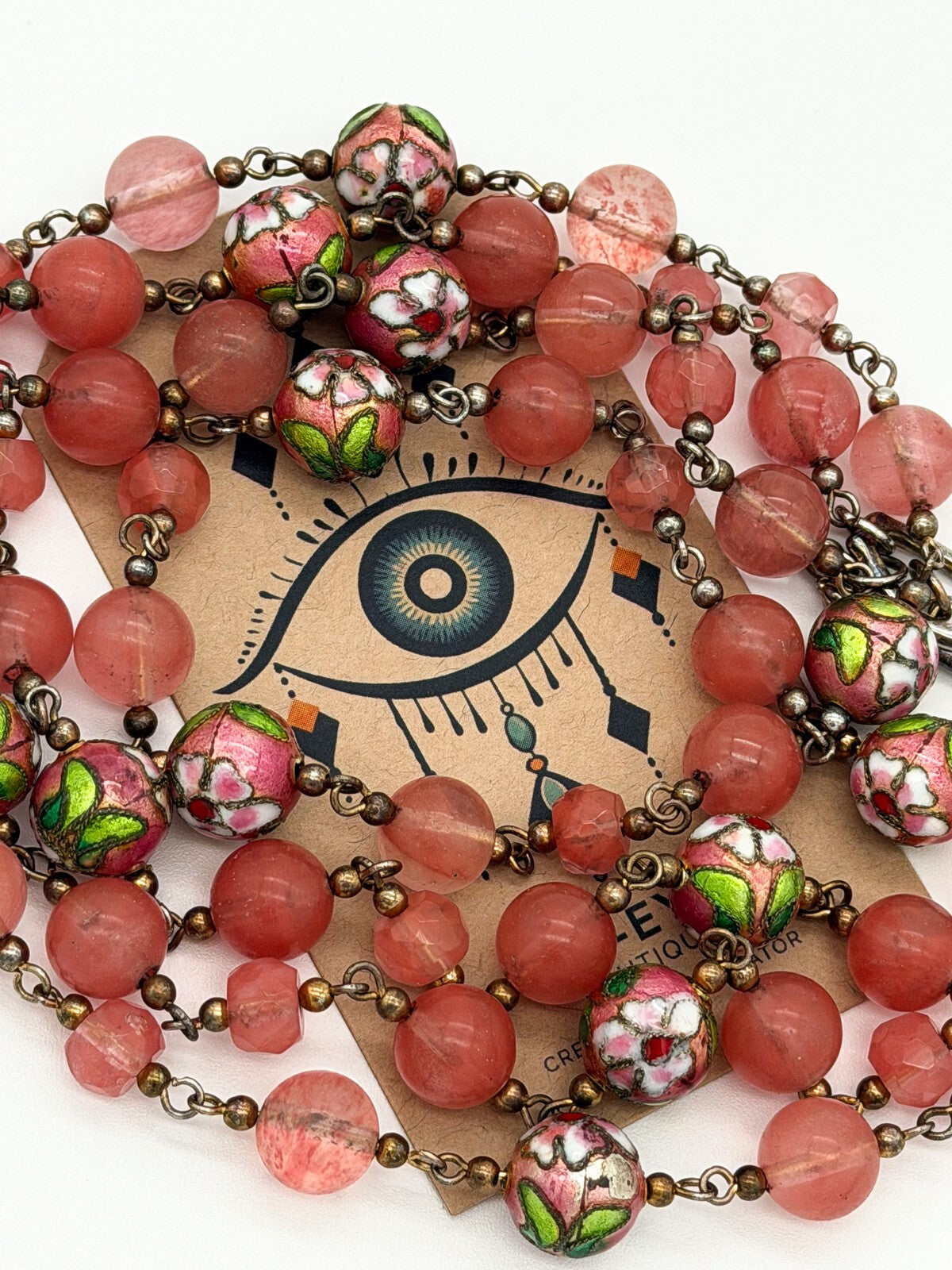 Vintage Pink Glass Bead Necklace Double Strand Cloisonné Accent Beads Summer