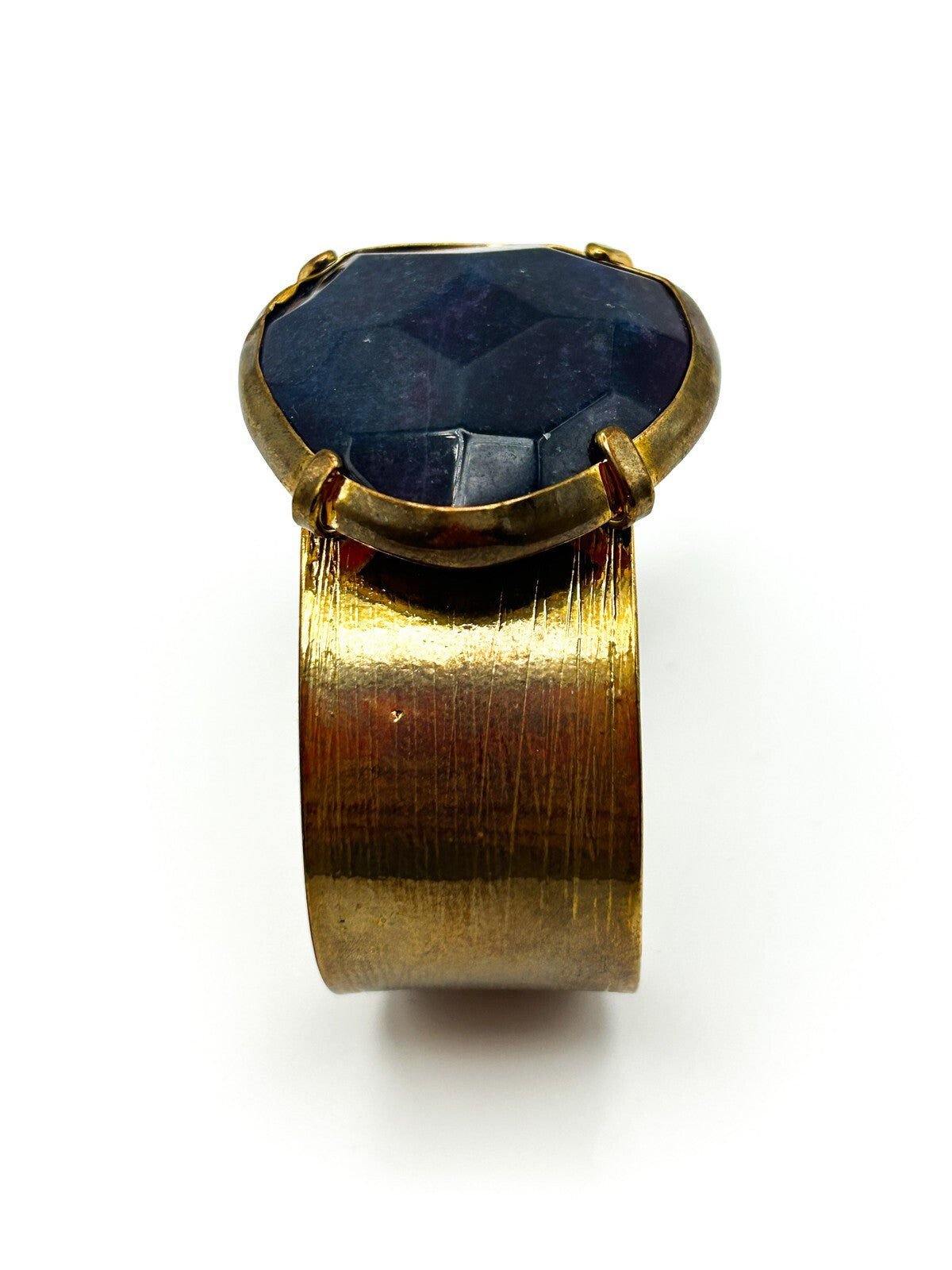 Gold Tone Brushed Cuff Bracelet with Faceted Semi-precious Blue Lepidolite Stone