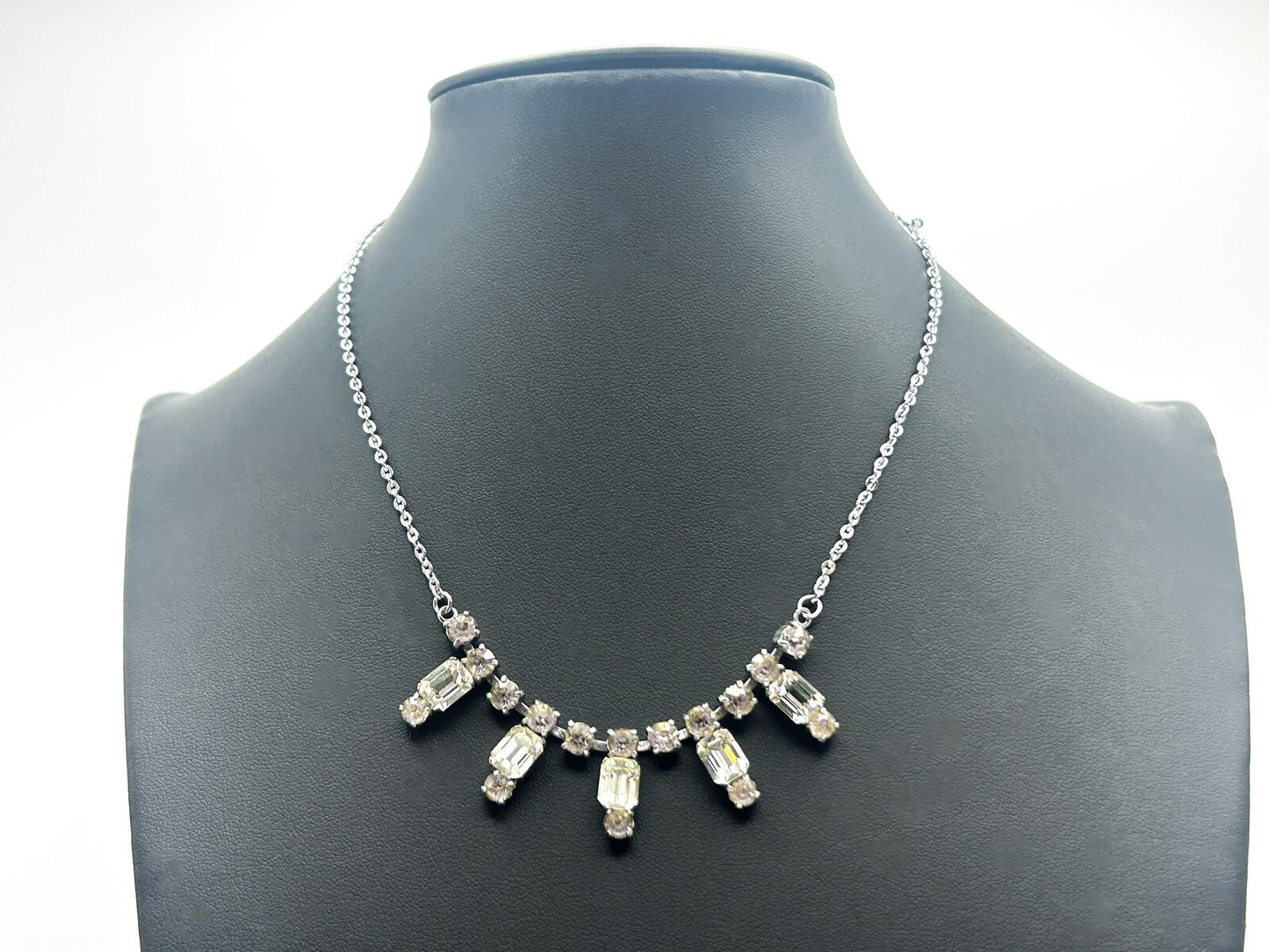 Vintage Silver Tone Rhinestone Drop Necklace with Articulated Glass Crystal