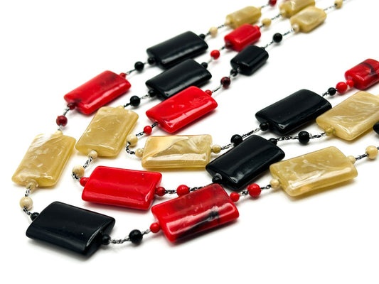 Vintage Klass Multi Strand Necklace Red Black Beige Acrylic Statement Necklace