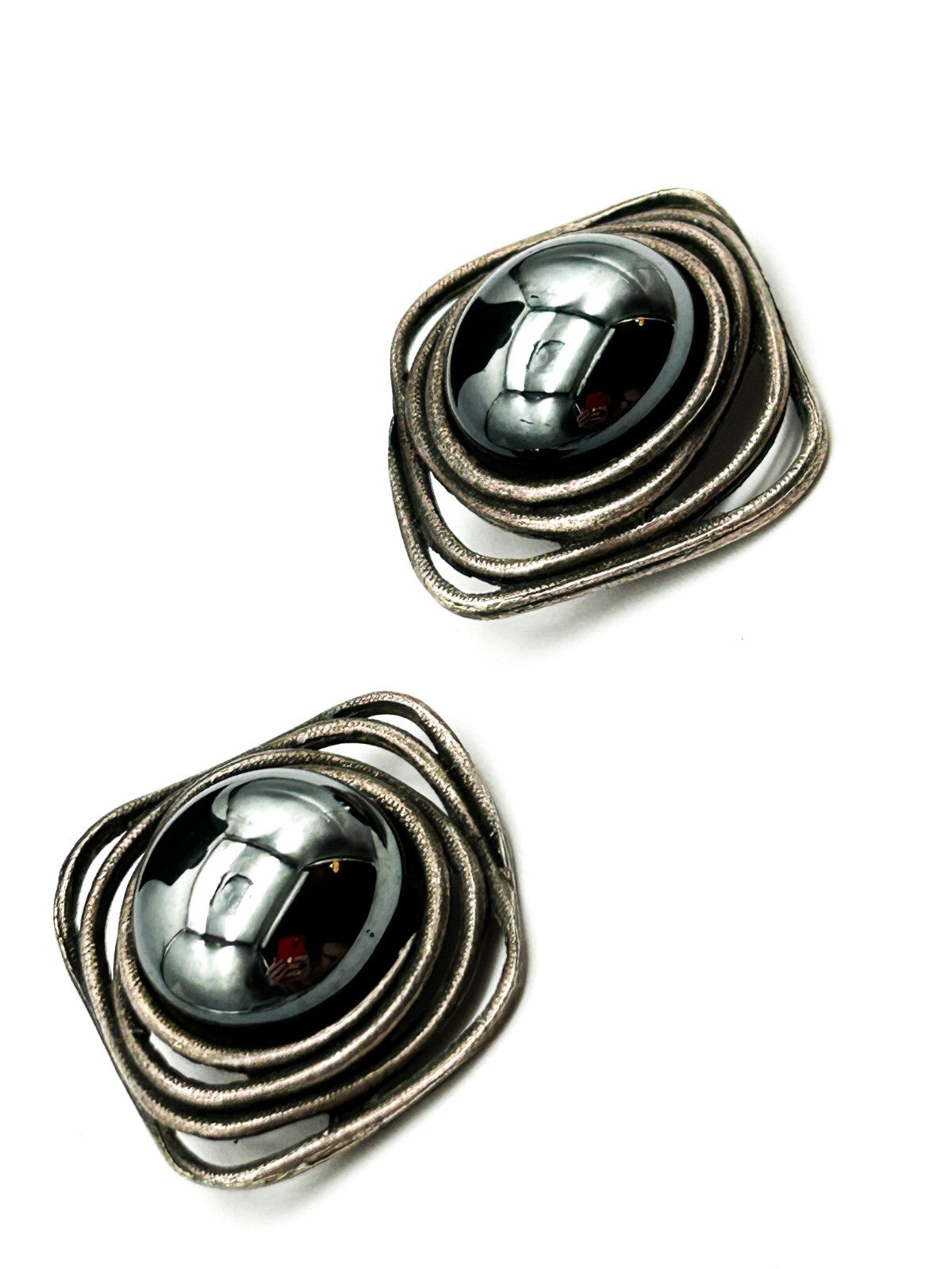 Vintage Statement Earrings Hematite Effect Domed Clip Ons 80s 90s Retro