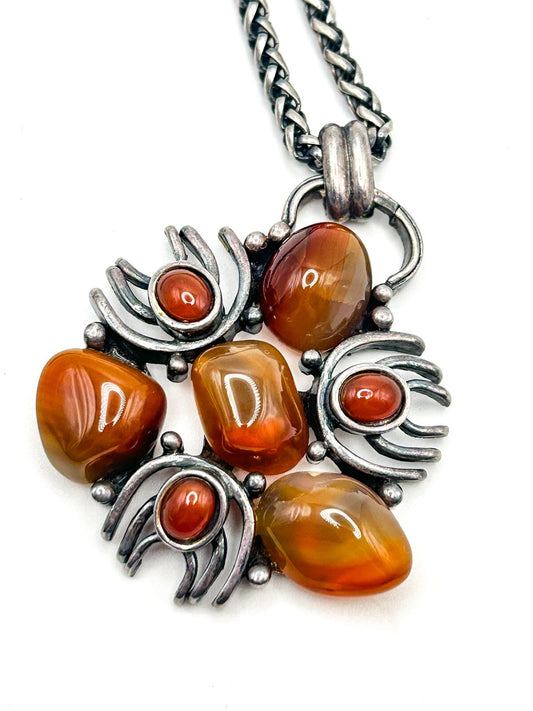 Vintage David Grau Signed Pendant Necklace - Carnelian Gemstones Silver Tone