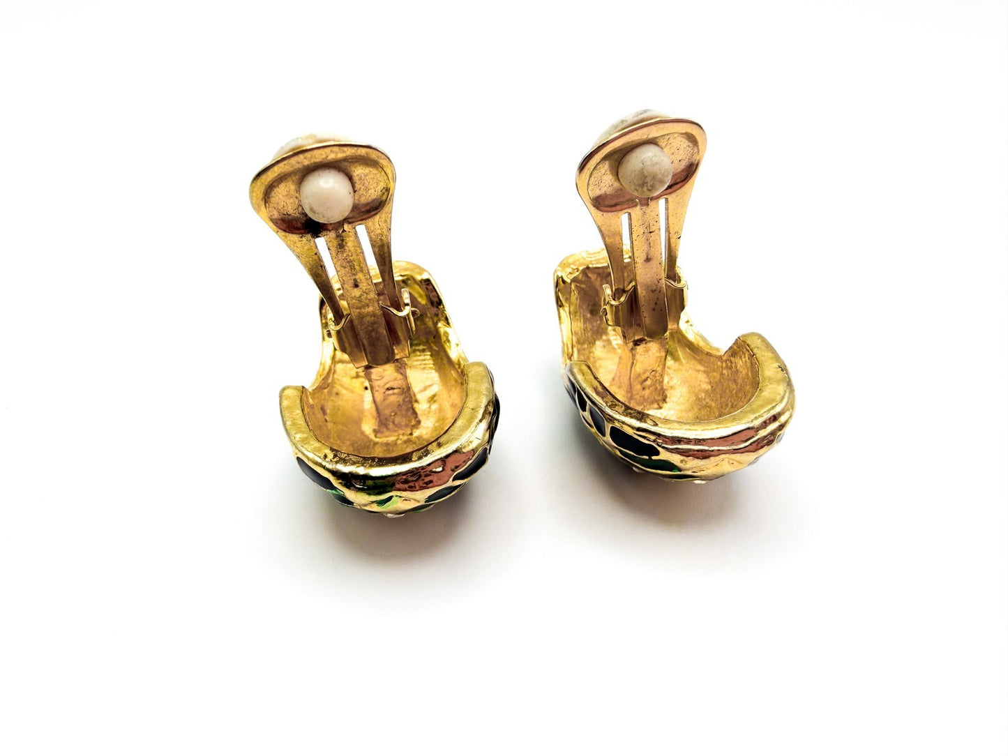 Vintage Gold Tone Green & Black Enamel Rhinestone Half Hoop Clip-On Earrings