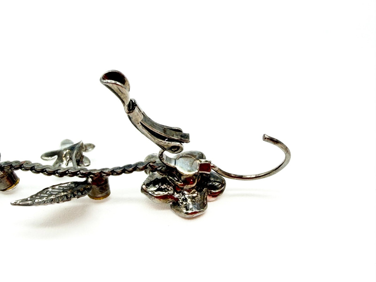 Y2K Floral Drop Earrings Silver Enamel Rhinestone Gunmetal Chain