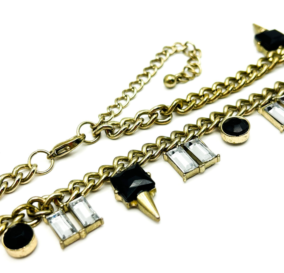 Gold Tone Curb Chain Necklace Black Clear Rhinestone Drop Charms Geometric 19”