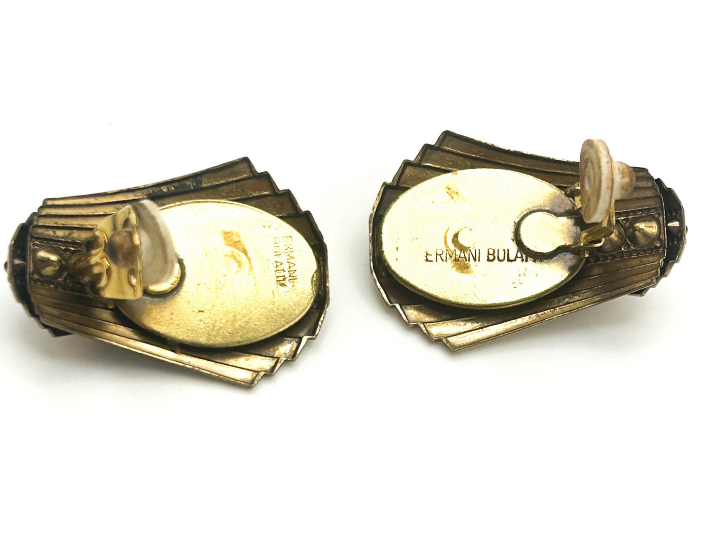 Signed ERMANI BULATTI Gold Tone Art Deco Style Fan Clip Earrings 1980s Vintage
