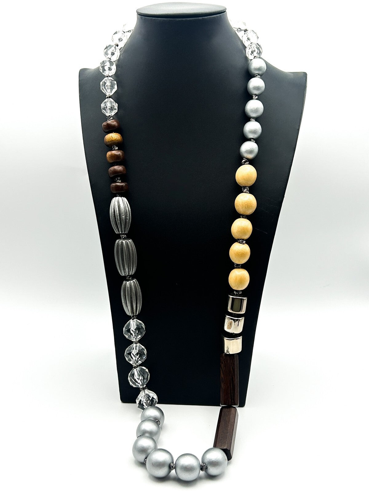 Mixed Material Statement Necklace Wood Silver Black Beads Chunky Modern 18”
