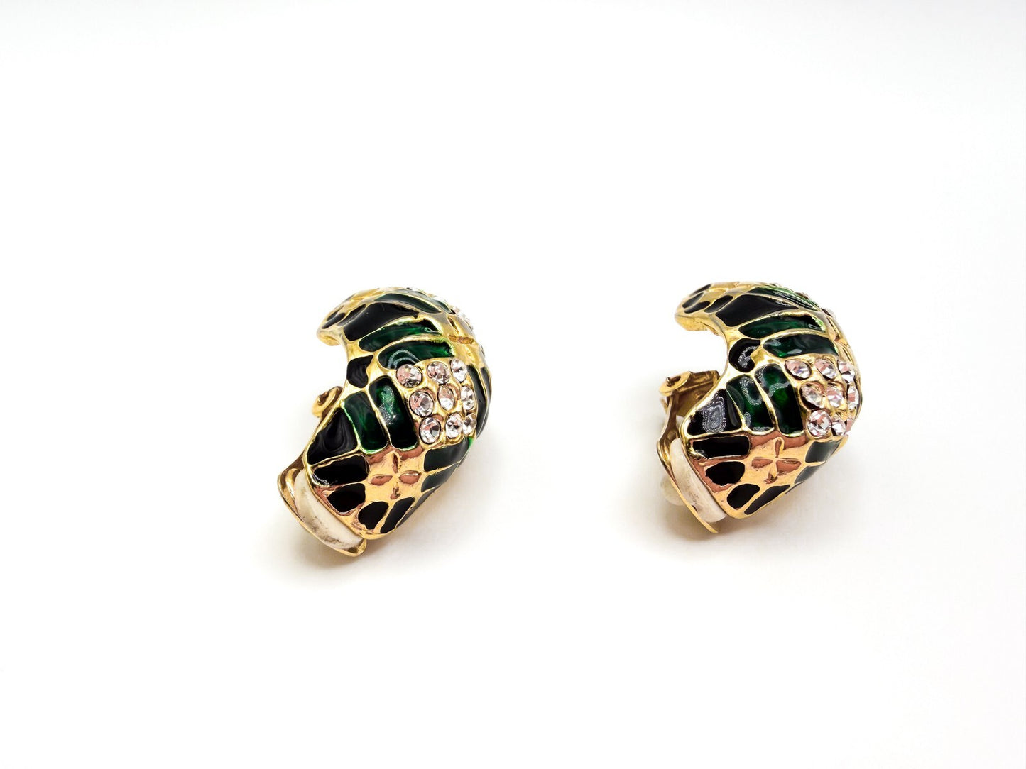 Vintage Gold Tone Green & Black Enamel Rhinestone Half Hoop Clip-On Earrings