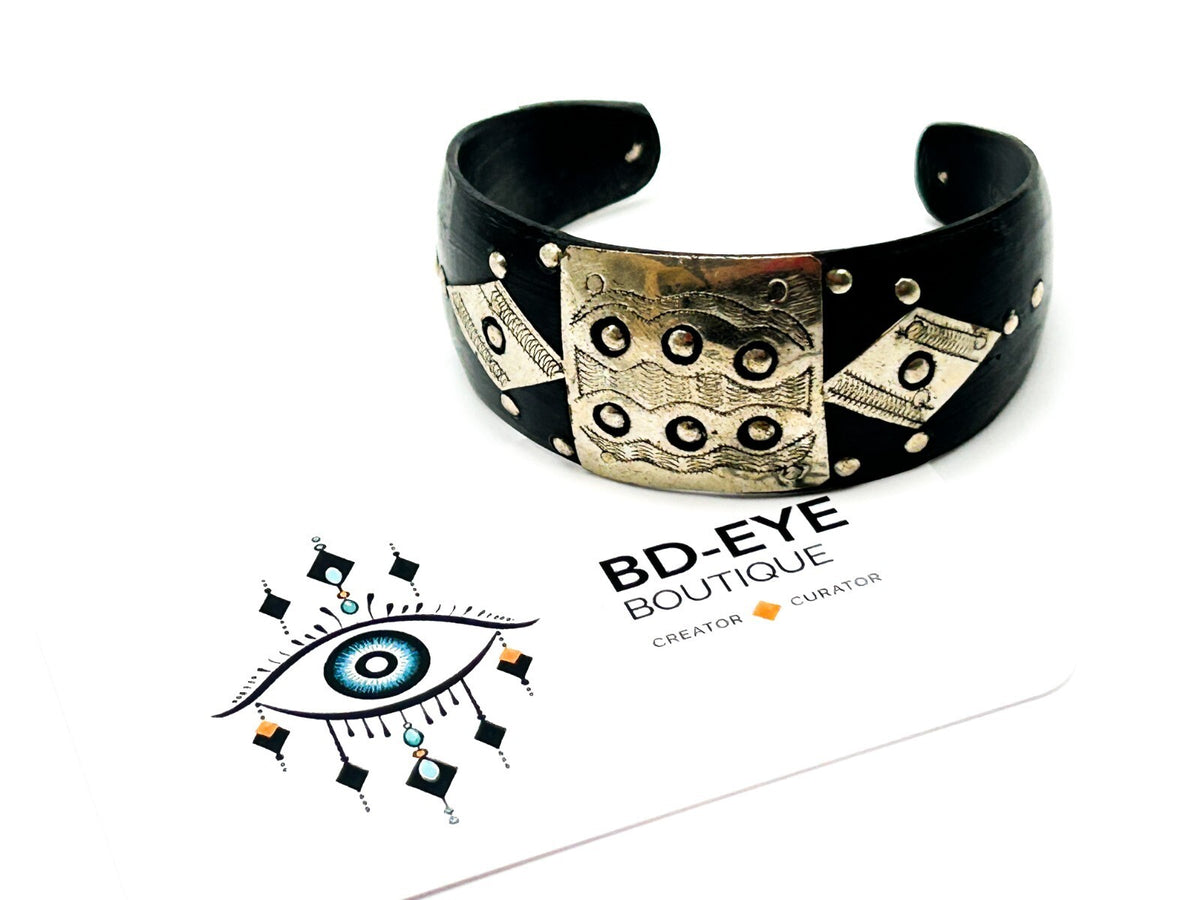 Vintage Tuareg Tribal Cuff Bracelet Organic Material & Silver Tone Etched Ethnic