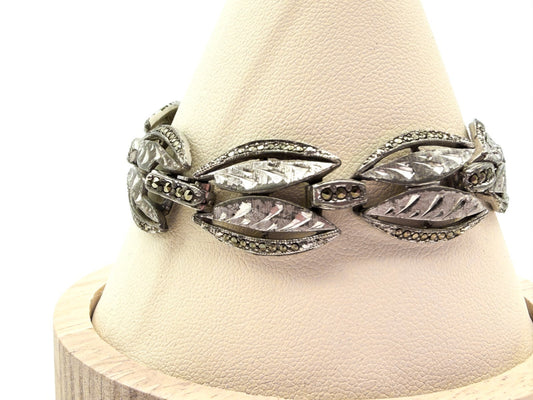 Vintage Silver Tone Marcasite Articulated Leaf Bracelet Diamond Cut Etched Retro