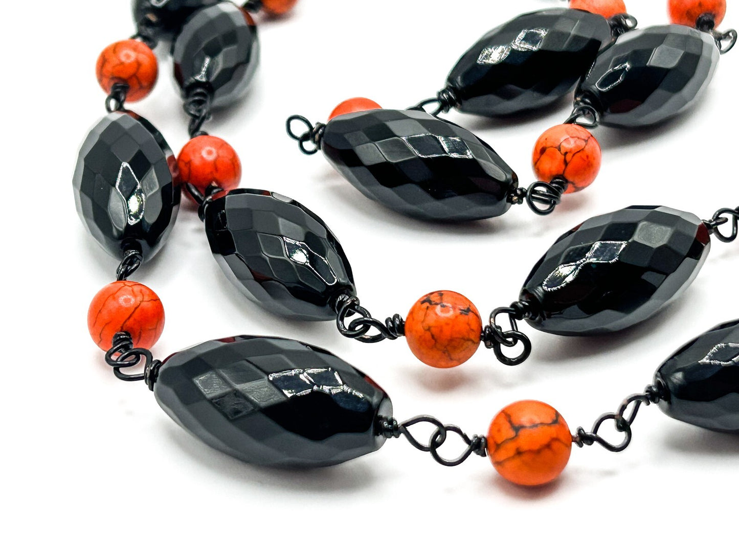 Faceted Onyx and Dyed Orange Stone Beaded Gemstone Semi Precious Necklace Boho