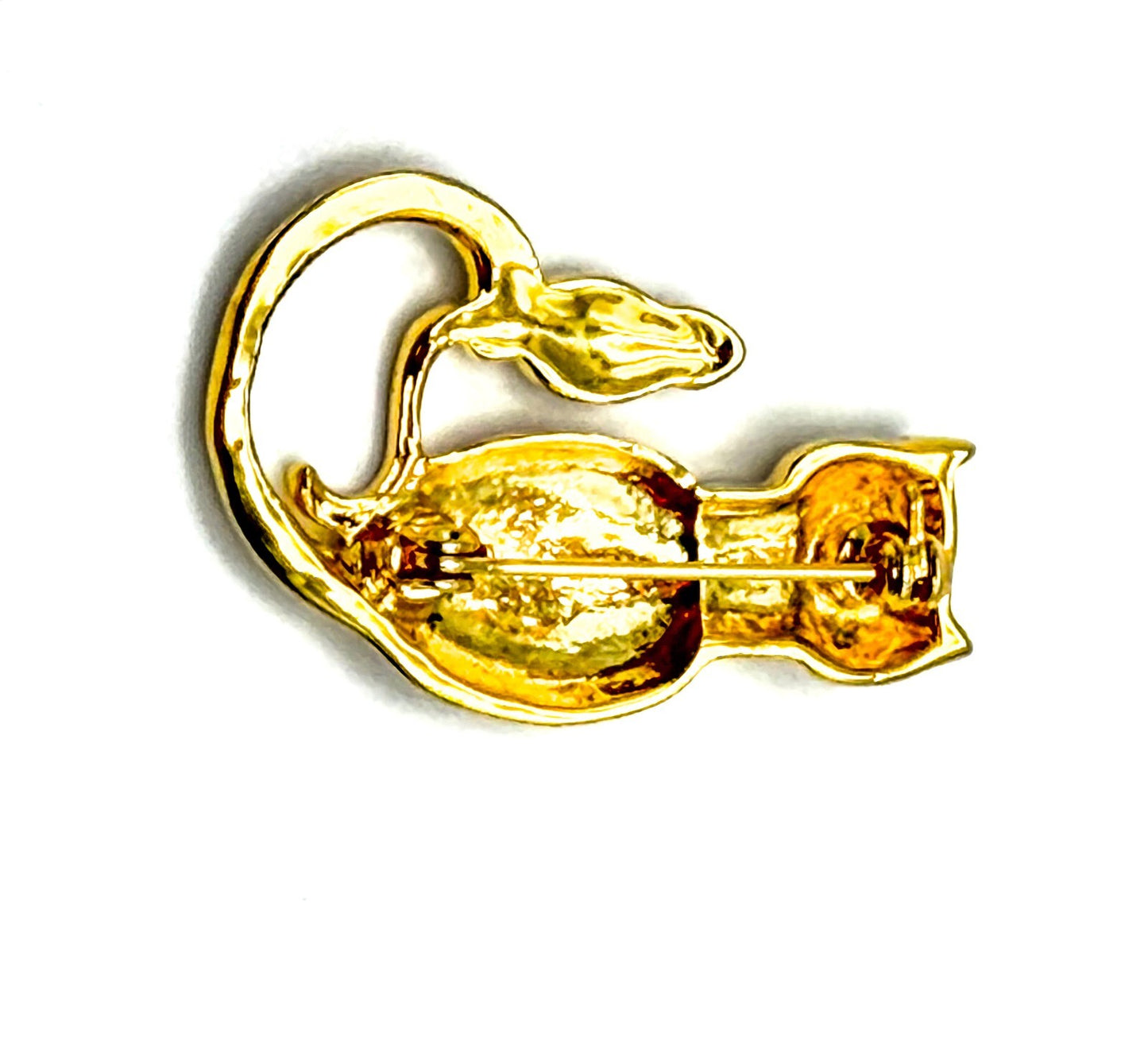 Cat & Bird Sitting Together Vintage Gold Tone Brooch With Rhinestone Sparkles