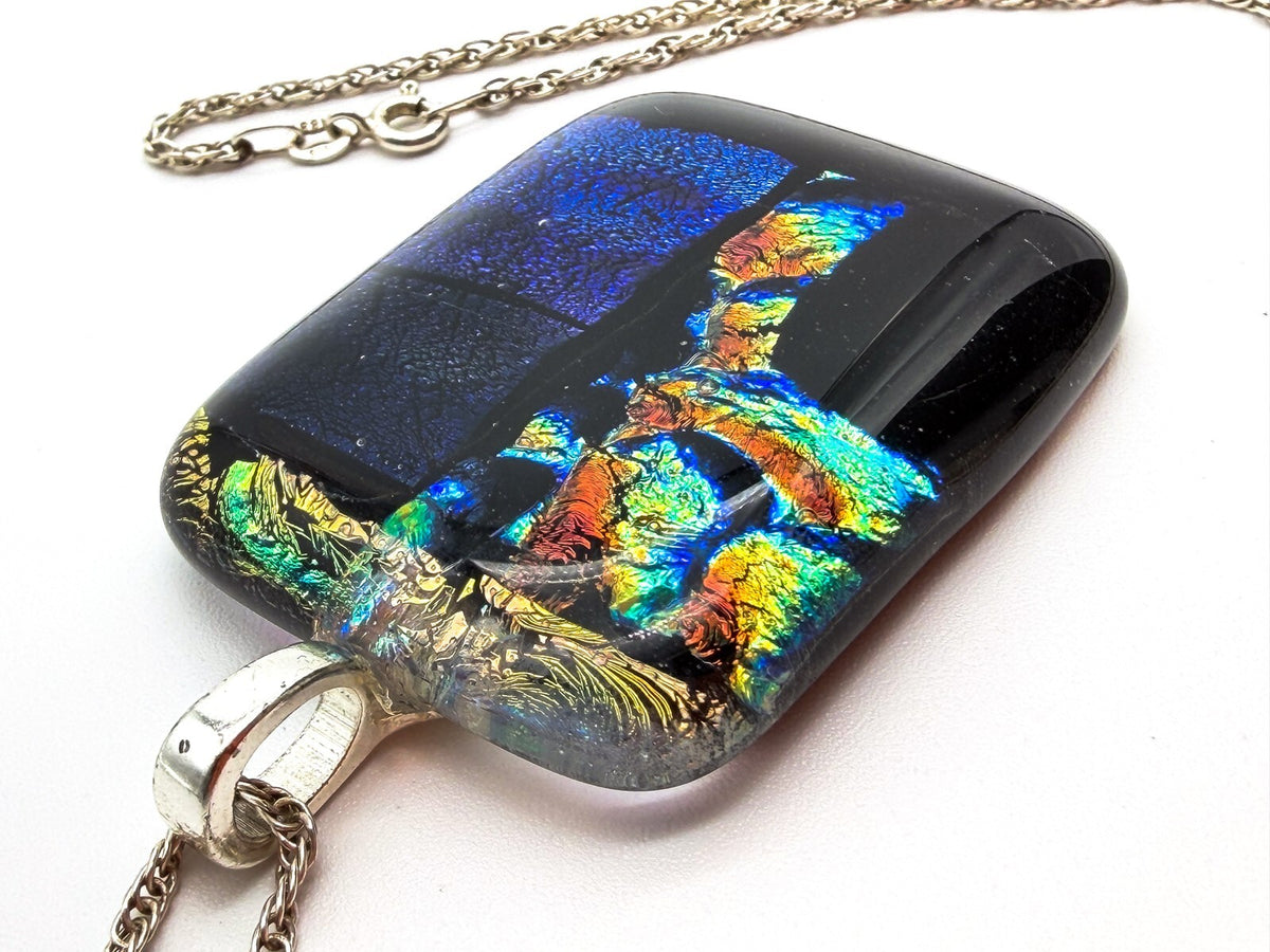 Dichroic Art Glass Pendant Necklace 925 Sterling Silver Chain Blue Iridescent