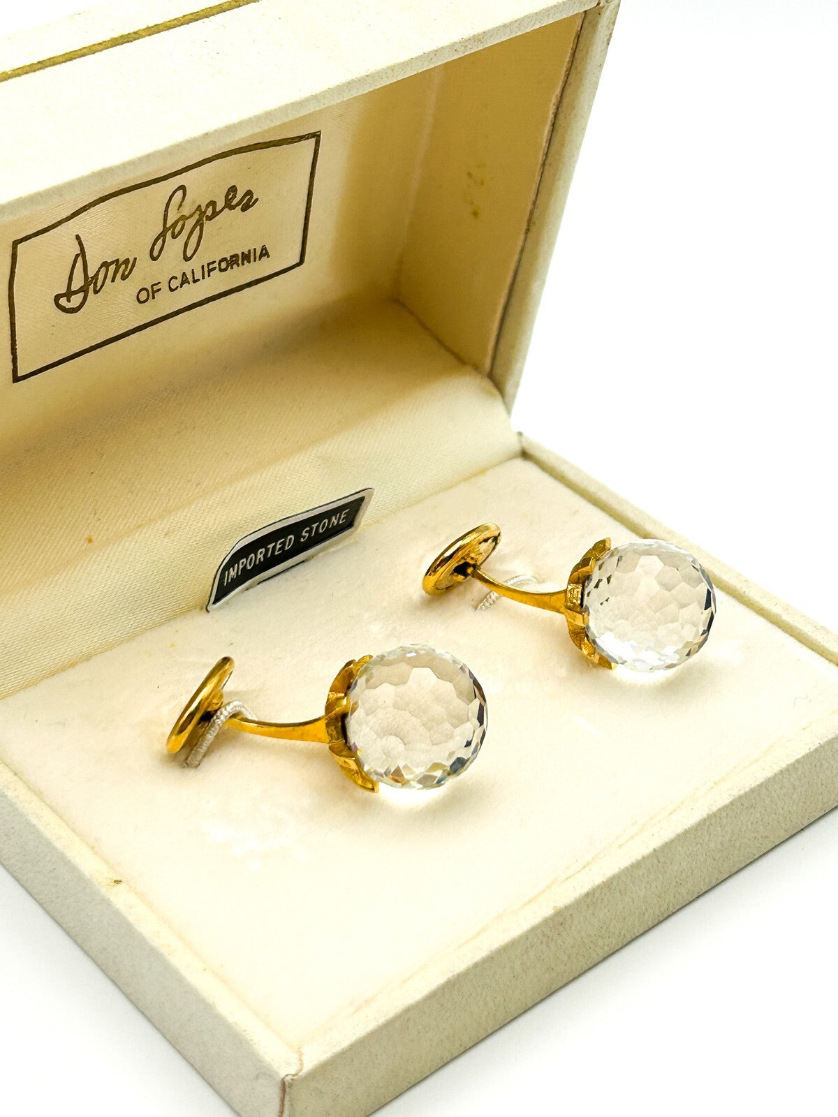 Don Loper Rock Crystal Cufflinks Gold Tone Iridescent Colour Shift Vintage Boxed