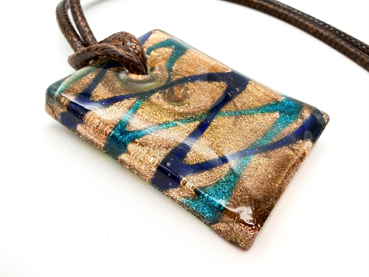 Murano Style Art Glass Pendant Necklace Gold Blue Turquoise Gold Blue Brown
