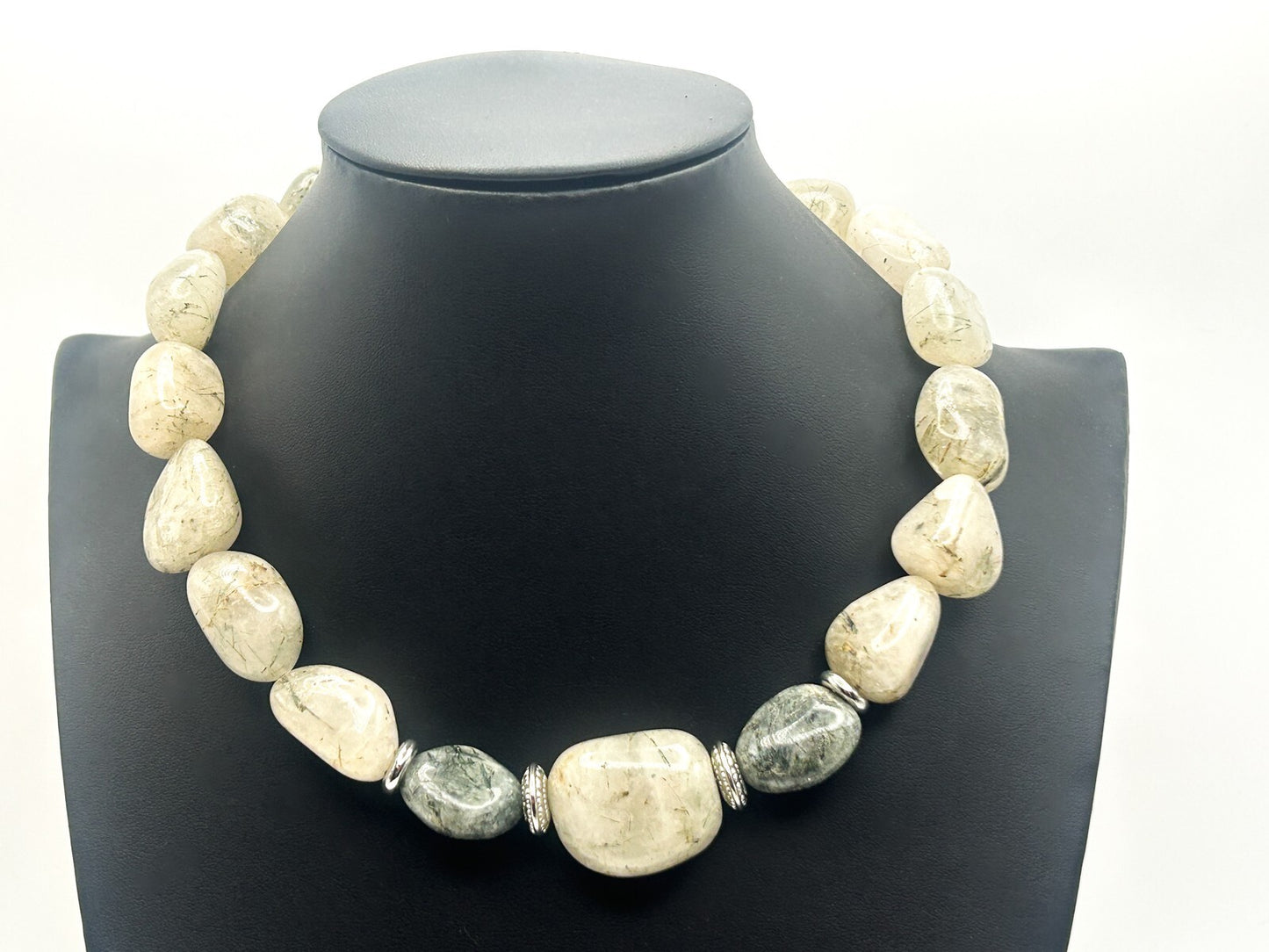 Chunky Rutilated Quartz Statement Necklace with Silver Tone Spacers - Gemstone