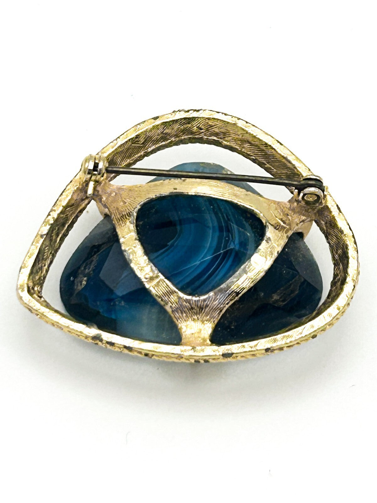 Vintage Blue Slag Glass Brooch with Gold Tone Rope Twist Frame