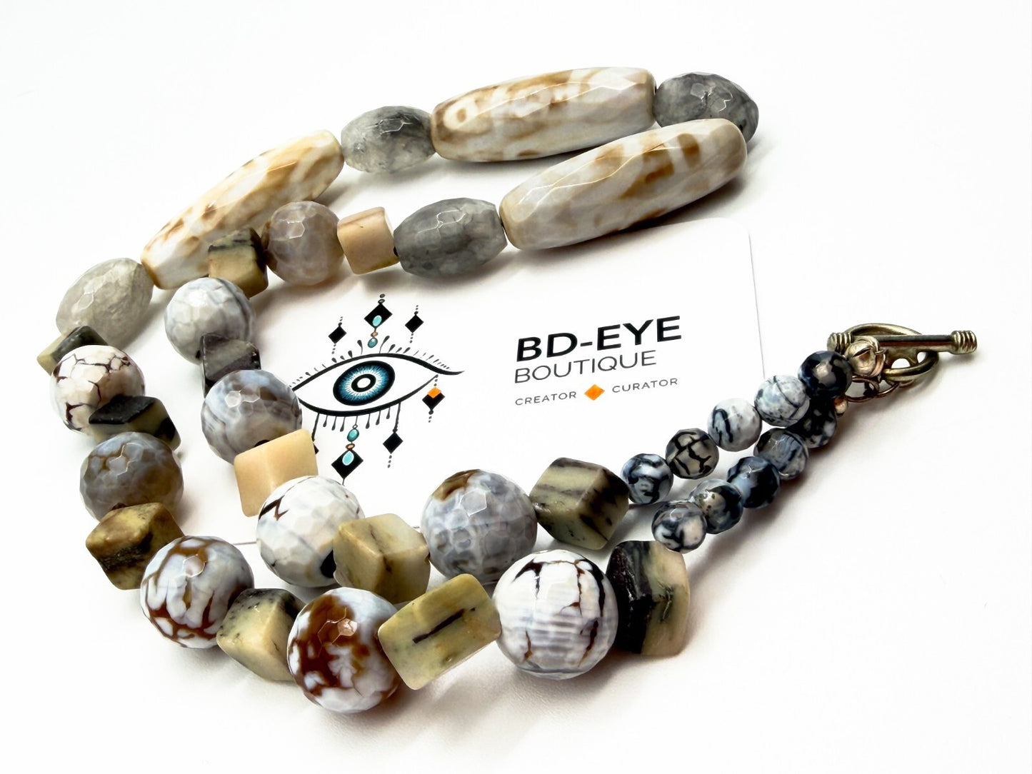 Chunky Gemstone Necklace Agate Jasper Quartz Dzi 9-eye Beads Toggle 22”