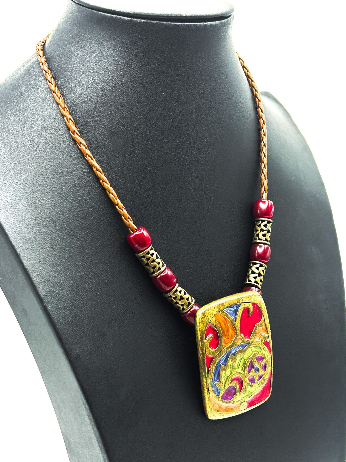 Chico’s Brass Tone Enamel Abstract Pendant Necklace on Braided Cord