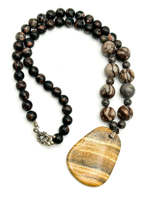 Picture Jasper Pendant Necklace – 925 Sterling Silver Bale – 26” Gemstone Boho