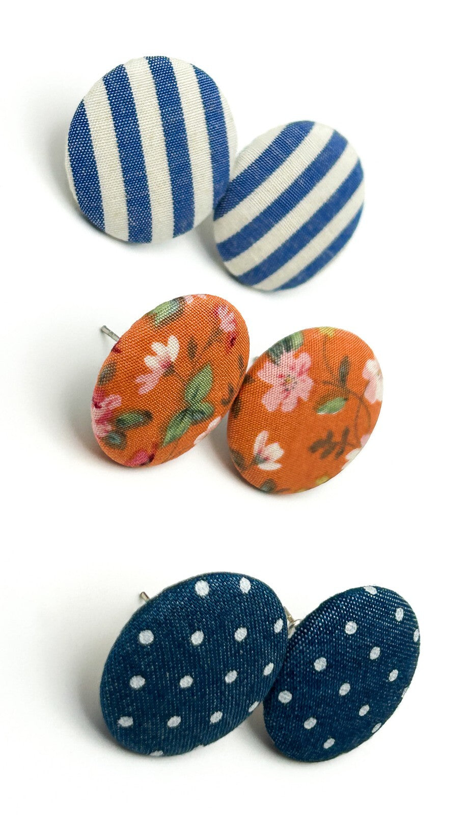 Set of 3 Fabric Stud Earrings Floral Stripe Polka Dot Button Earrings 2.5cm