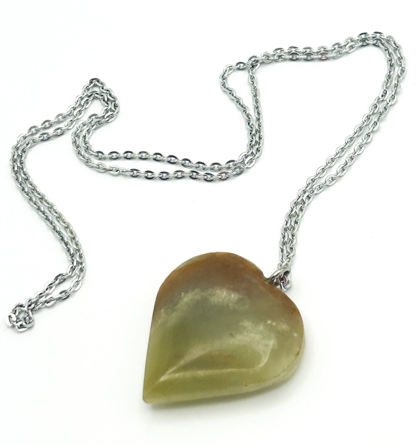 Green Onyx Gemstone Heart Long Pendant Necklace on Silver Tone Chain Boho