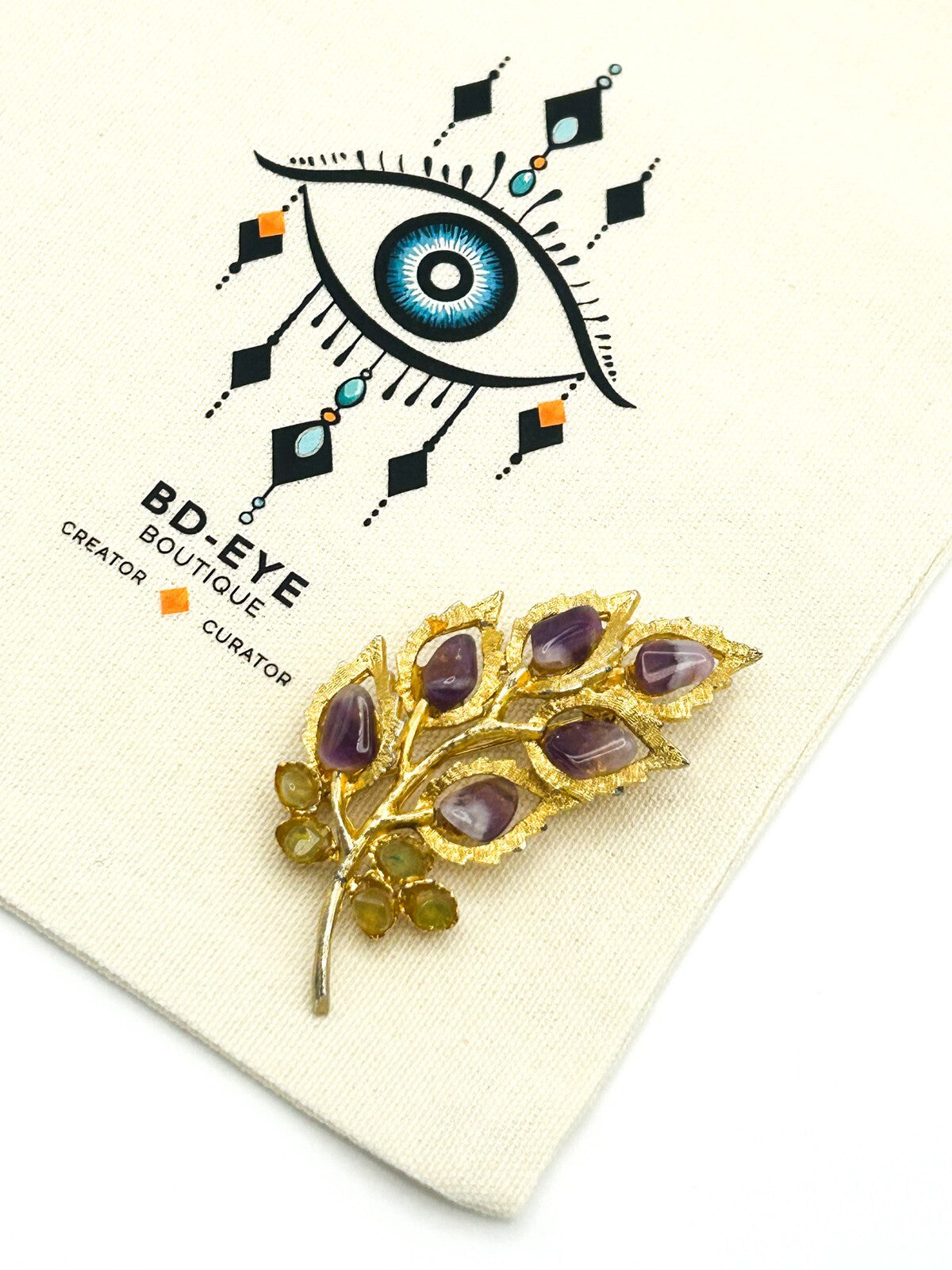 Vintage Leaf Brooch Floral Spray Gold Tone Amethyst & Citrine Leaves Pin Retro
