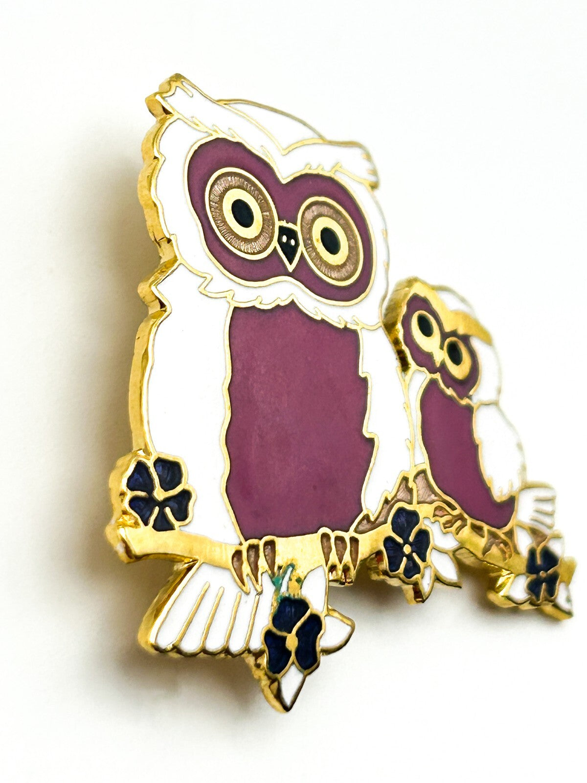Vintage Fish & Crown Cloisonné Gold tone Enamel Double Owl Brooch