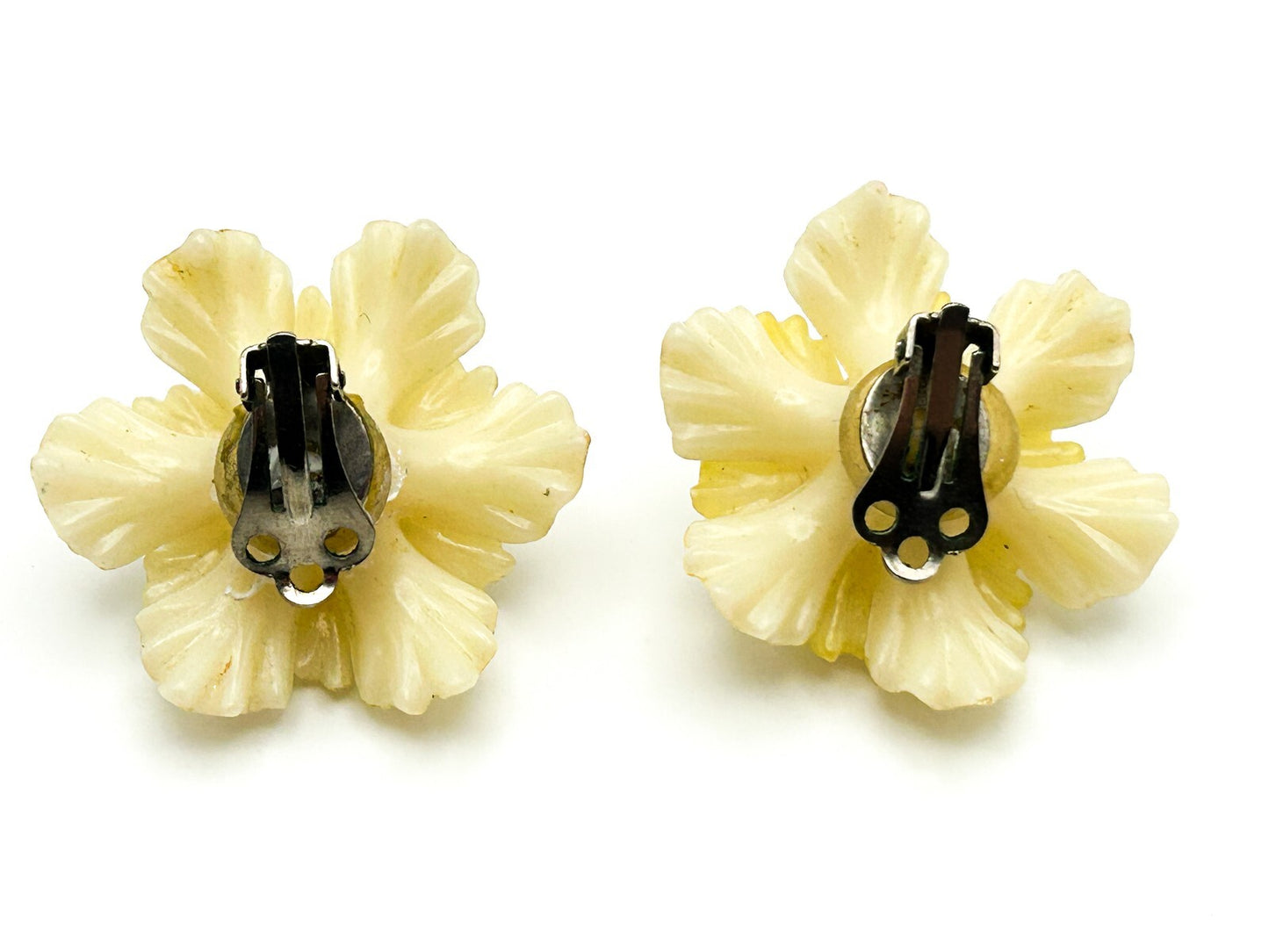 Vintage Lucite Flower Clip On Earrings Faux Pearl Rhinestone MCM Floral 50s 60s