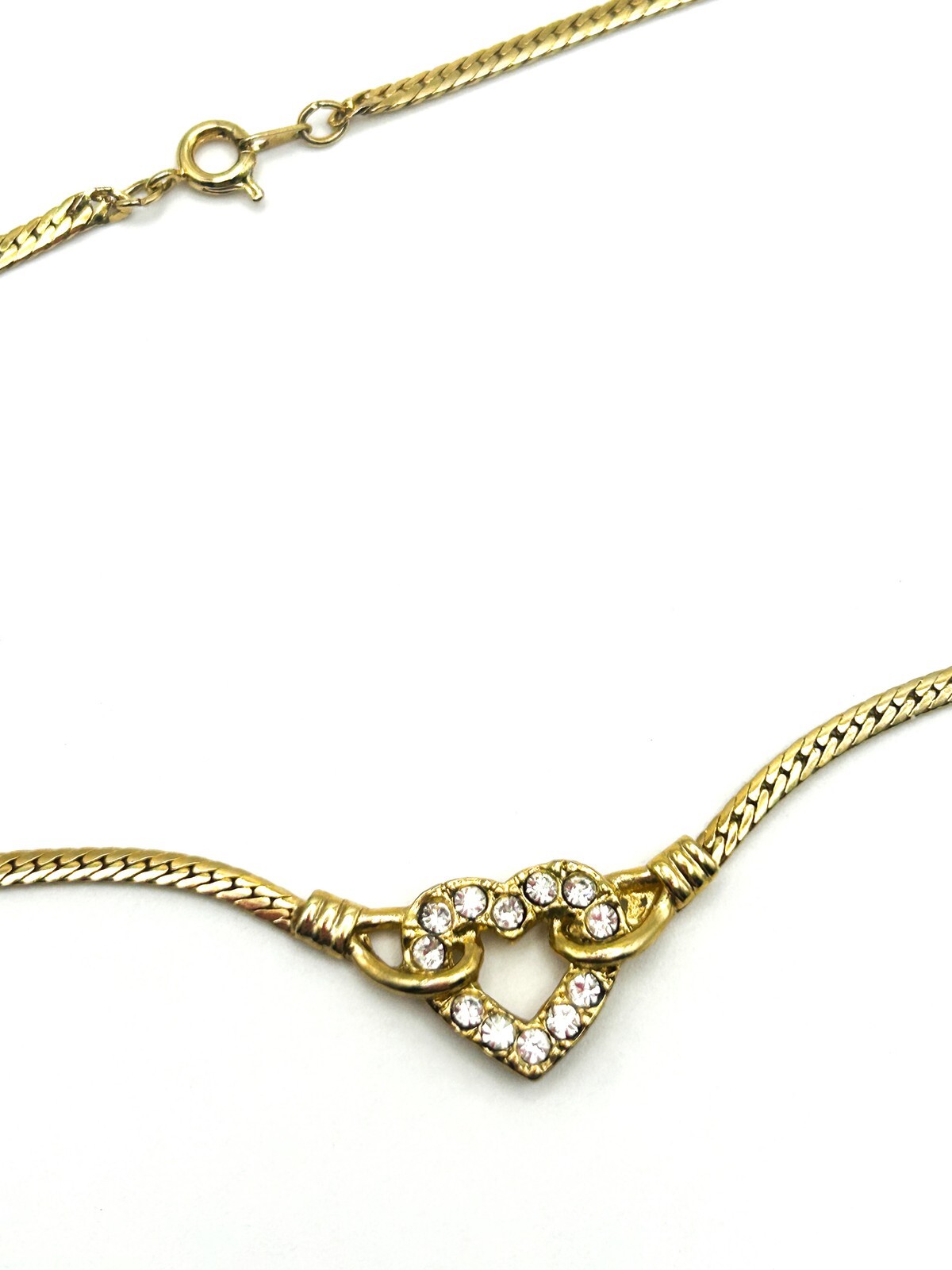 Gold Tone Herringbone Chain Necklace Small Heart Rhinestone Pendant 15”