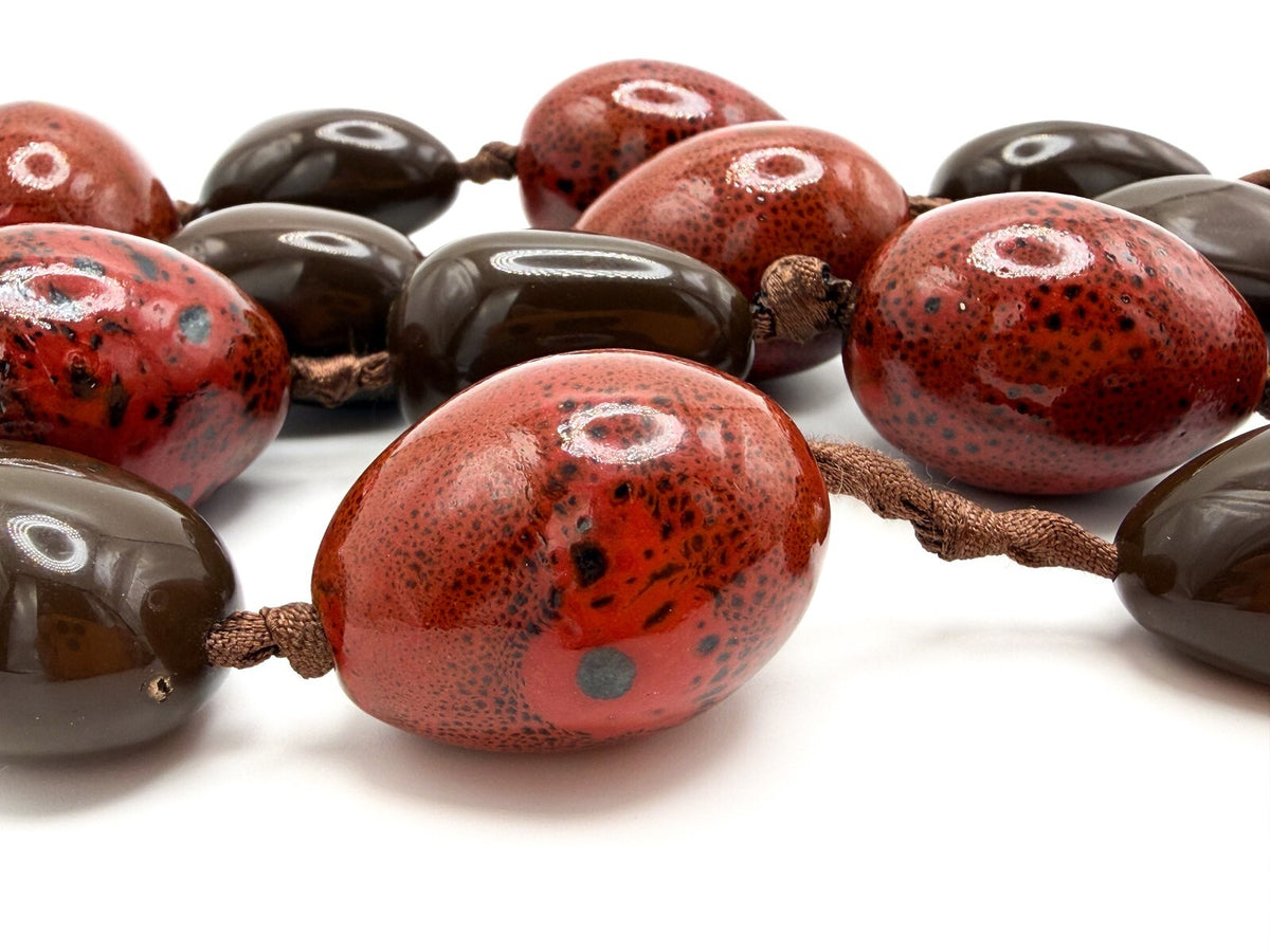 Chunky Red Ceramic & Brown Acrylic Long Statement Necklace – Heavy Cord Knotted