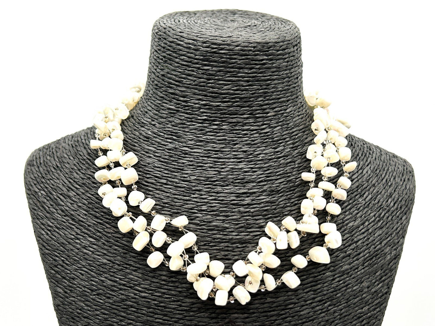 Vintage Mother Of Pearl Multi Strand Illusion Necklace Cream Shell Floating Chip