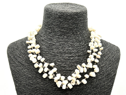 Vintage Mother Of Pearl Multi Strand Illusion Necklace Cream Shell Floating Chip