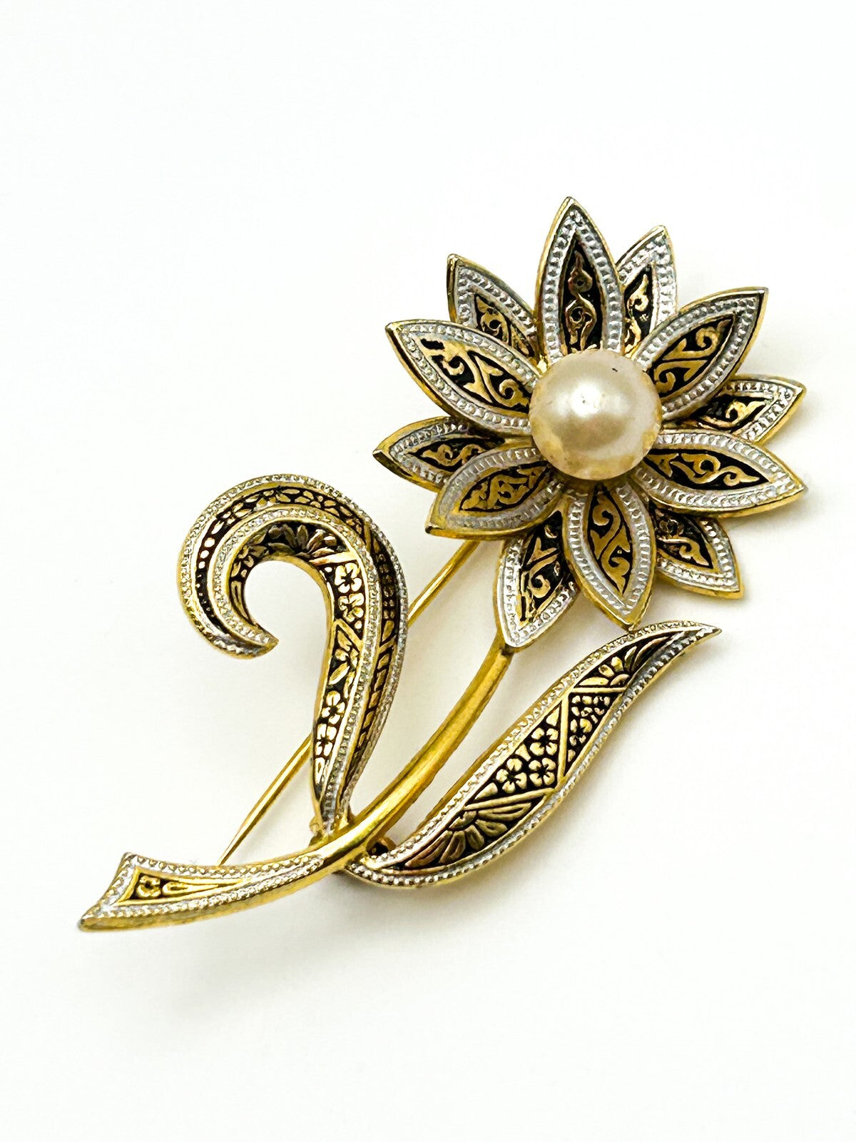 Vintage Floral Brooch Gold Tone Faux Pearl Damascene Style Flower Pin Elegant