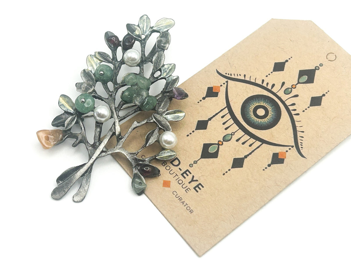 Pewter Leaf Tree Branch Gemstone Brooch - Aventurine, Faux pearl, Amethyst