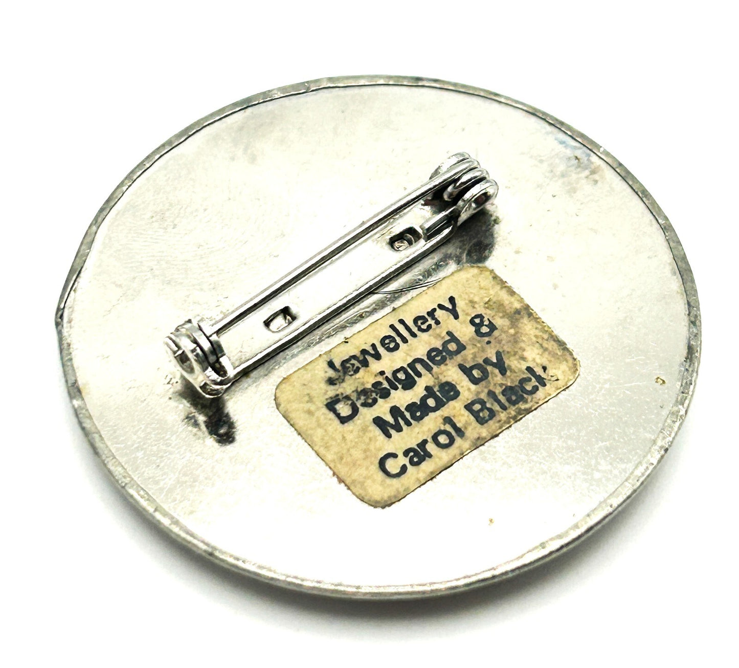 Carol Black Brooch Ceramic Centre Silver Tone Round Artisan Pin