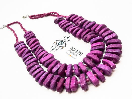 Dyed Purple Stone Chunky Statement Necklace Double Strand Magenta Beads Summer