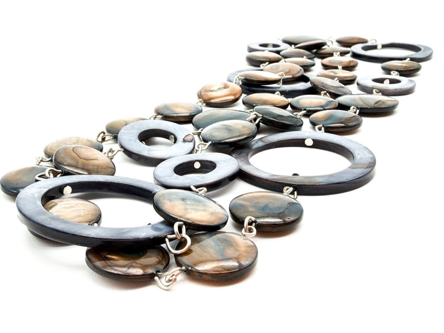 Long Shell Disc Hoop Long Necklace Grey Brown Iridescent Statement Unsigned M&S