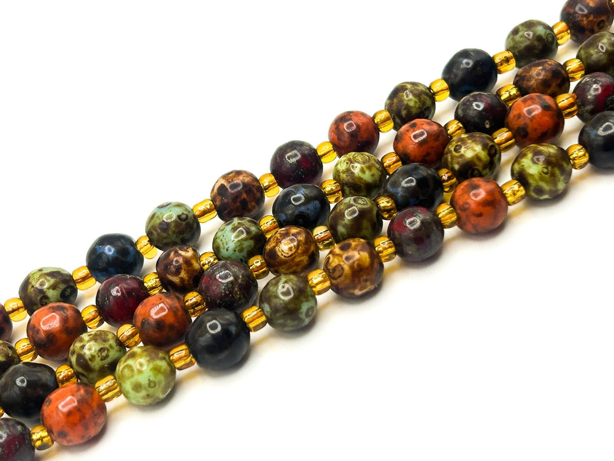 Vintage Mottled Glass Bead Necklace – Green, Orange, Brown & Mustard