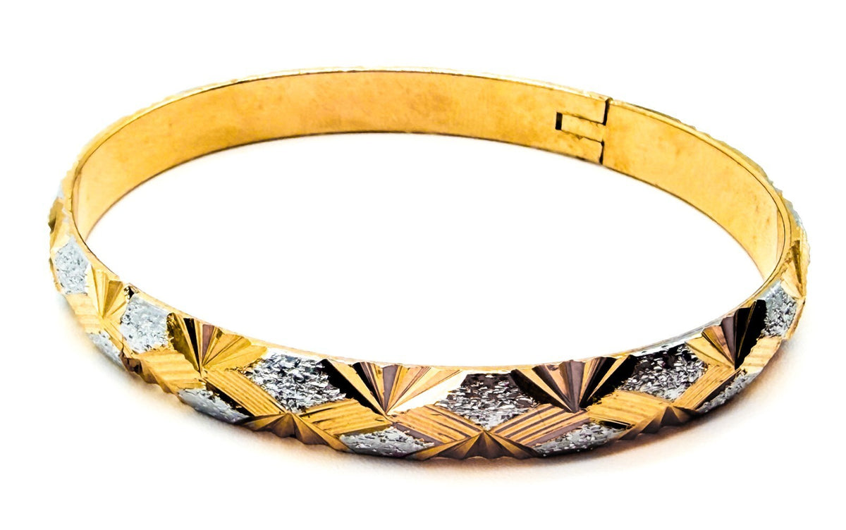 Gold Tone Diamond Cut Hinged Bangle Bracelet Silver Tone Accents Geometric