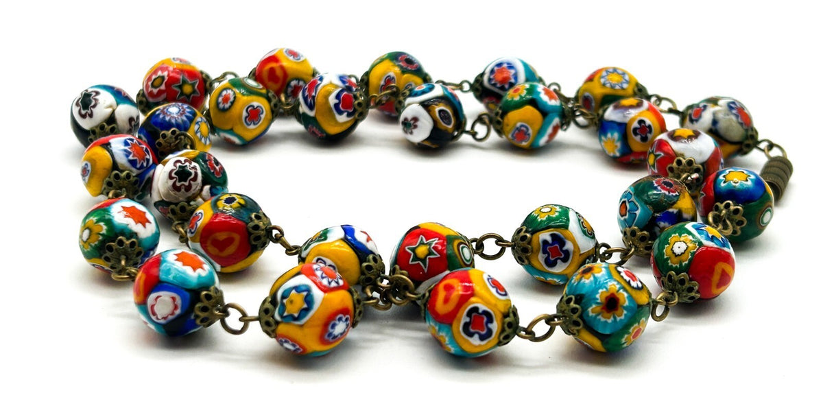 Vintage Murano Glass Millefiori Flower Multicoloured Necklace Floral Venetian